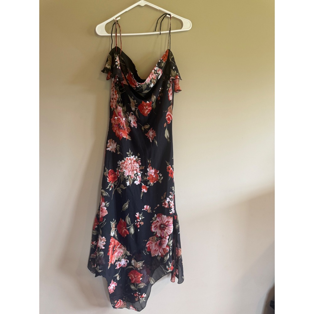 Speed Limit NYC Floral Cowl Neck Midi Dress Black Red Pink Ruffle Size M